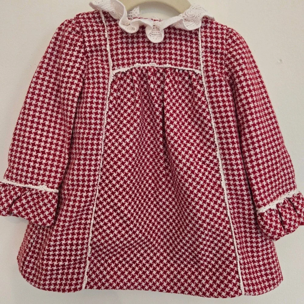 Miranda Spanish Red Houndstooth Lace Collar Dress‎ Baby Girl 24M Wool Blend
